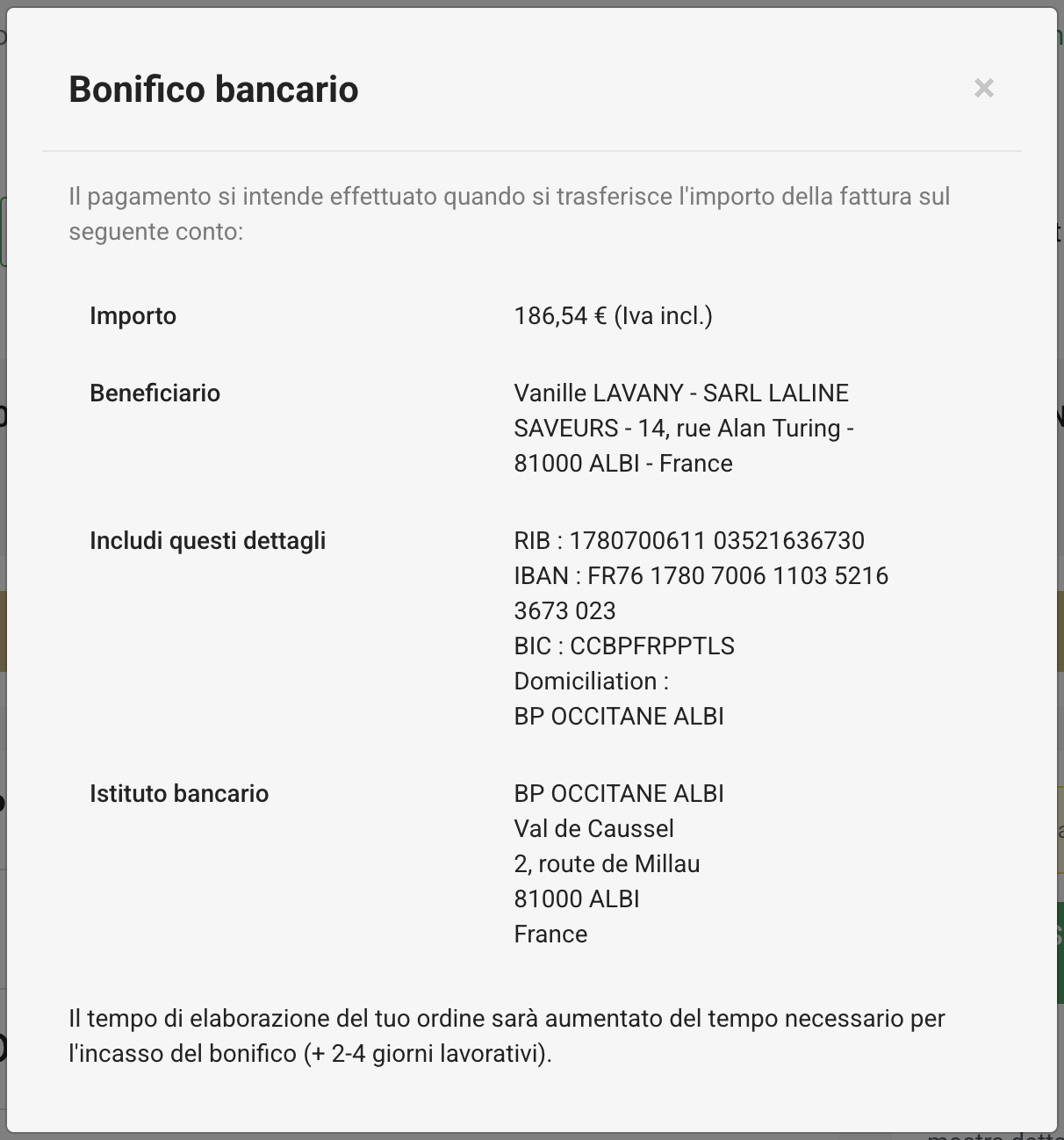 Dettagli del bonifico bancario